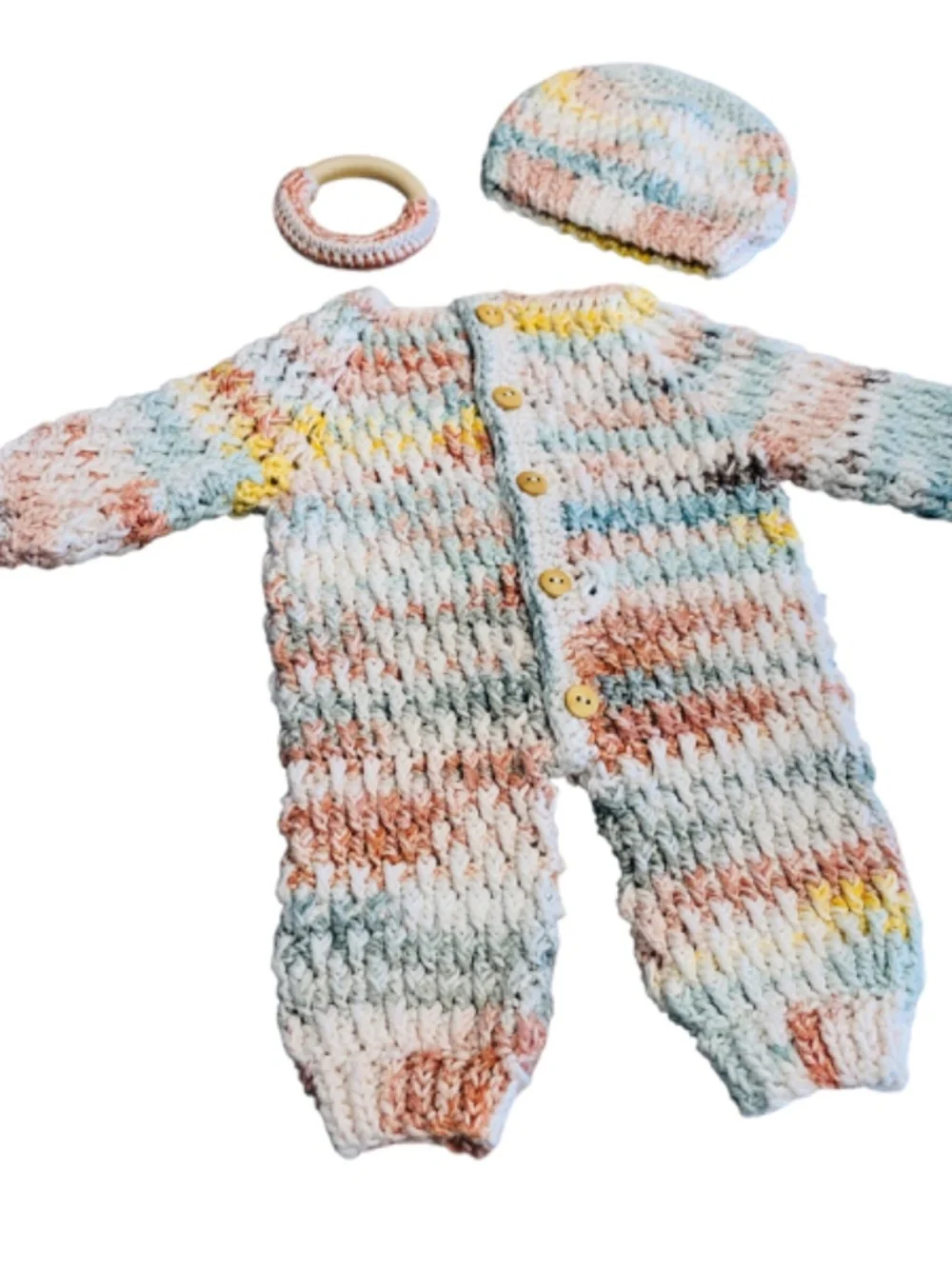 Newborn Baby Romper Gift Set with Beanie & Crochet Wooden Ring 0-3 Months